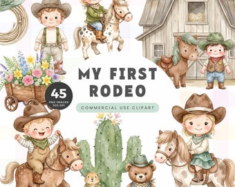 My First Rodeo Clipart, Green and Brown Cowboy, Sage Green Western Baby Theme, PNG Digital Download