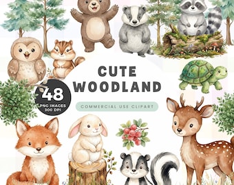 Woodland Animals Clipart, Cute Forest Animal Illustrations, Digital Download