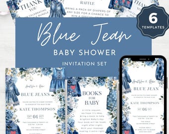 Blue Jean Baby Shower Invitation Bundle for girl, Editable Templates in Canva, BPT0012