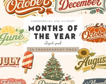 Months of the Year Watercolor Clipart, Vintage Watercolor Month Labels, Digital Download