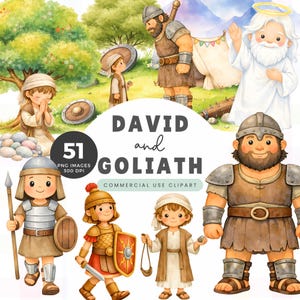 May include: Watercolor illustration featuring characters from the biblical story of David and Goliath. The image includes depictions of David, Goliath, an angel, and other figures in armor and robes. Text reads "David and Goliath" and "51 PNG Images 300 DPI Commercial Use Clipart."