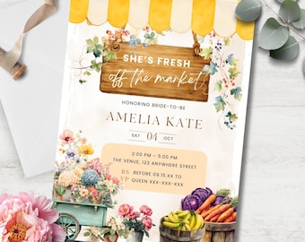 She's Fresh Off The Market Bridal Shower Invite, Farmers Market Theme, Rustic Florals, Editable Template in Canva BS0002