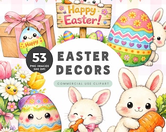 Cute Easter Decor Clipart, Kawaii Spring Easter Decorations, Digital Download