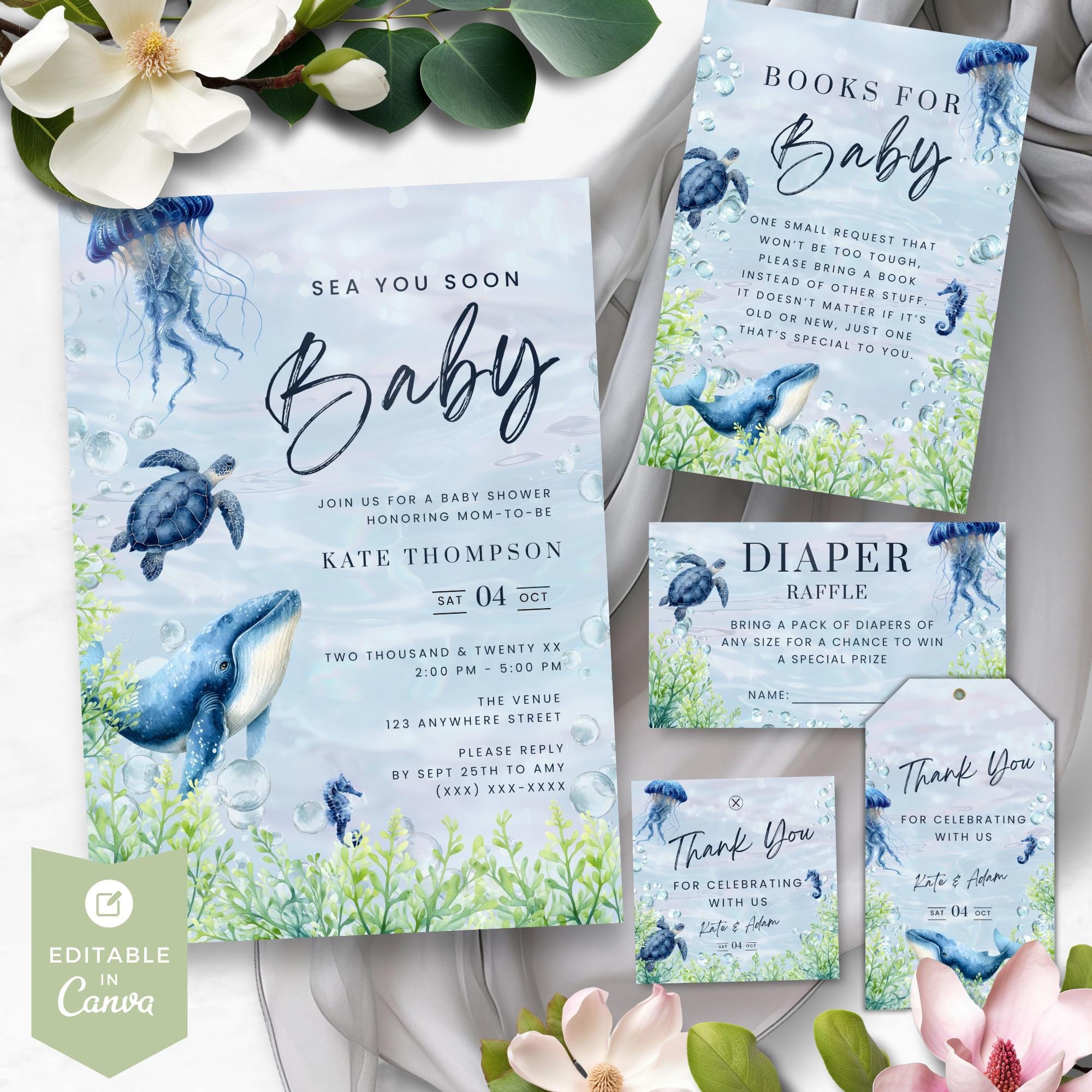 Sea You Soon Baby Shower Invitation Bundle, Editable Templates in Canva ...