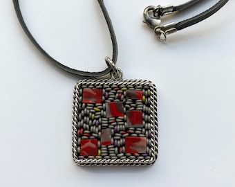 Telephone Wire and Wasser Glass Mosaic Pendant with Leather Cord