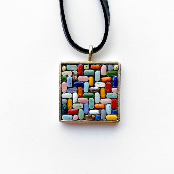 Ceramic Tile Mosaic Pendant with Leather Cord