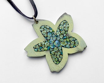 Micro Mosaic And Walnut Flower Pendant with Leather Cord