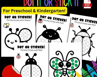 Werkbladen voor stippen en stickers met stippen insecten voor kinderen | 12 afdrukbare pdf-pagina's | Fijne motoriek voor kleuters