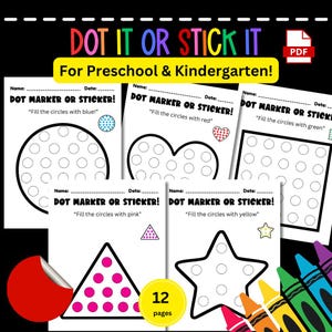 Puede incluir: Una colección de hojas de trabajo imprimibles para actividades de preescolar y jardín de infancia. Cada página presenta una forma diferente con círculos para rellenar con colores. El texto dice "Dot Marker or Sticker! Fill the circles with..." e incluye una etiqueta de "12 páginas".