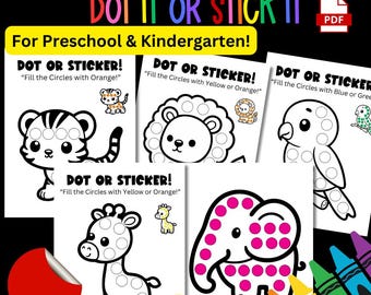 Pode incluir: Um conjunto de 12 folhas de atividades imprimíveis para pré-escola e jardim de infância. Cada folha apresenta um animal diferente, como um tigre, um leão, uma girafa e um elefante, com círculos para serem preenchidos com pontos ou adesivos. O texto "DOT IT OR STICK IT" está no topo da página. O texto "Fill the Circles with Orange!" está na folha do tigre. O texto "Fill the Circles with Yellow or Orange!" está nas folhas do leão e da girafa. O texto "Fill the Circles with Blue or Green!" está na folha do papagaio.