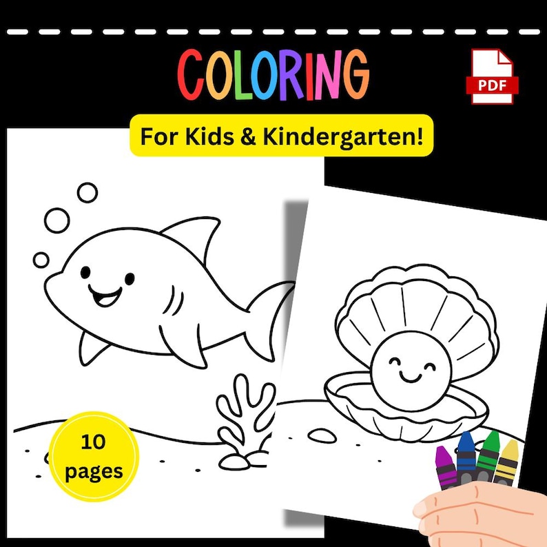 May include: A children's coloring book featuring a shark and a clam illustration. The cover displays the word "COLORING" in rainbow hues and the text "For Kids & Kindergarten!" The book contains 10 pages.