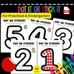 Puede incluir: Un conjunto de 20 hojas de trabajo imprimibles para preescolar y jardín de infantes. Cada hoja de trabajo presenta un número del 1 al 5 con círculos para rellenar con puntos de colores o pegatinas. Las instrucciones incluyen "¡Rellena los círculos con verde!" "¡Rellena los círculos con naranja!" "¡Rellena los círculos con rosa!" "¡Rellena los círculos con amarillo!" y "¡Rellena los círculos con rojo!"