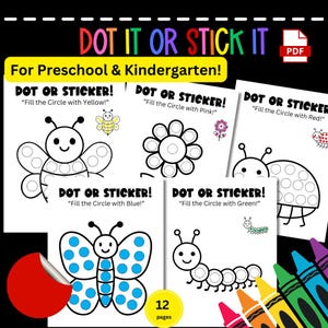 May include: A set of 12 printable activity pages for preschool and kindergarten. Each page features a black and white outline of a different object, such as a butterfly, flower, ladybug, and caterpillar. The instructions are to "Fill the Circle with [color]" and the pages are designed for children to use dot stickers or paint to fill in the circles.