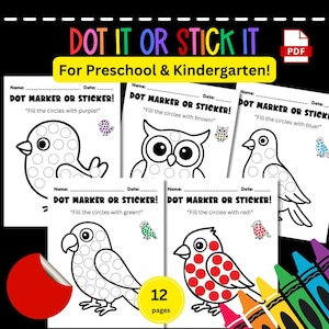 Peut inclure: Ensemble de pages d'activités imprimables pour la maternelle et le jardin d'enfants. Chaque page présente un contour d'oiseau ou de hibou avec des cercles à remplir avec des marqueurs à points ou des autocollants. Les pages comprennent des instructions pour remplir les cercles de différentes couleurs. L'ensemble comprend 12 pages.
