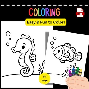 May include: A colouring book with the word "COLORING" in rainbow colours. The book features line drawings of a seahorse and a clownfish. The text "Easy & Fun to Color!" is in a yellow banner. The book is 10 pages.