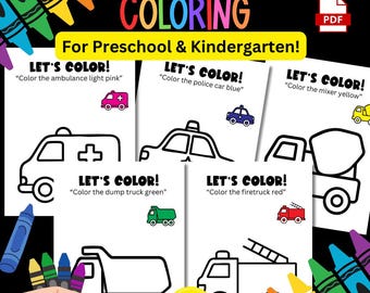 Dibujos para colorear de camiones y autos para niños / 6 vehículos, 12 imprimibles fáciles / Actividad en PDF para niños pequeños, preescolares y jardín de infantes