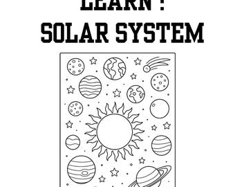 Może przedstawiać: Czarno-biała strona do kolorowania zatytułowana "COLOR AND LEARN: SOLAR SYSTEM". Ilustracja przedstawia słońce, planety, gwiazdy i komety, przeznaczone do działań edukacyjnych i kreatywnych. Strona jest oznaczona numerem "1".