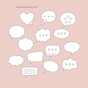 Puede incluir: Un conjunto de bocadillos blancos de diversas formas, incluyendo un corazón, una estrella y una nube, delineados en negro. El fondo es rosa claro con un sutil patrón de cuadrícula. El texto en la parte superior dice "white filled png file."