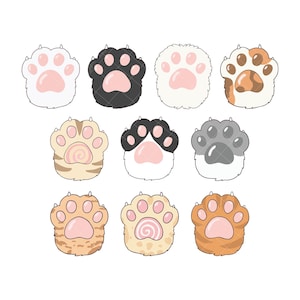 Peut inclure: Collection de dix empreintes de pattes de chat de dessin animé de différentes couleurs. Les empreintes de pattes comprennent le blanc, le noir, le gris et le beige, avec des coussinets roses. Les dessins sont simples et soulignés en noir.