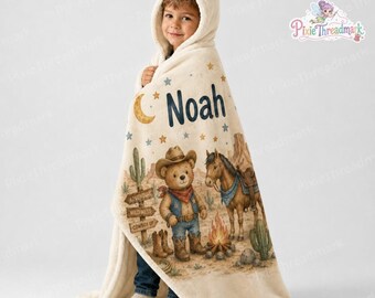 Custom Cowboy Hooded Blanket, Western Bear Horse Wearable Blanket Hoodie for Kids, Wild West Throw, Cowboy Bedroom Gift for Kids