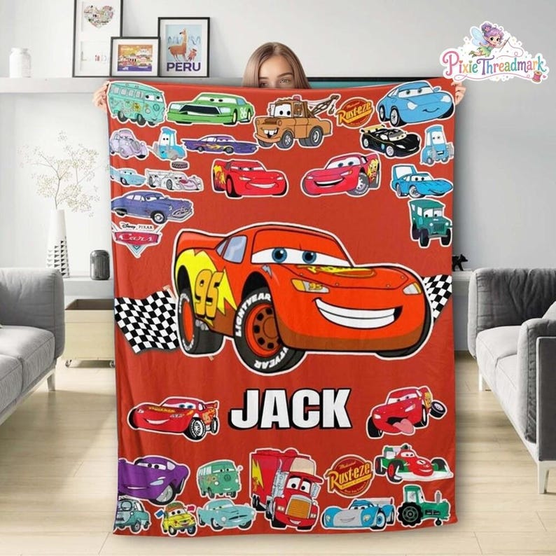 Personalized Disneyland Cars Character Blanket, Lightning McQueen Blanket, Birthday Boy Girl Gift Blanket, Cars Movie Characters image 2