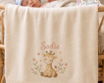 Personalized Baby Blanket with Name, Embroidered Giraffe Animal, Custom Animal with Flower Knit Blanket, Newborn Gift, Safari Nursery