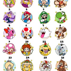 May include: A collection of 20 circular cartoon character illustrations from the Mario video game franchise. Each character is set against a colored background with a star-studded border. Characters include Mario, Luigi, Peach, and Bowser.