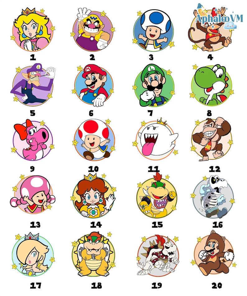 May include: A collection of 20 circular cartoon character illustrations from the Mario video game franchise. Each character is set against a colored background with a star-studded border. Characters include Mario, Luigi, Peach, and Bowser.