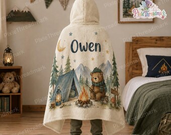 Personalized Camping Wearable Hooded Blanket, Custom Bear Blanket Hoodie for Kids, Woodland Mountain Campfire Blanket, Outdoor Throw Gift