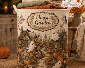 Panier à linge matelassé Halloween Ghost Garden, fantômes mignons, maisons hantées, panier citrouilles, fleurs, panier de rangement automnal effrayant
