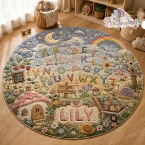 May include: A round, quilted area rug featuring a colorful garden scene with the alphabet letters A through Z, numbers 1 through 9, a mushroom house, a snail, a birdhouse, a rainbow, a crescent moon, and the name LILY in large letters.