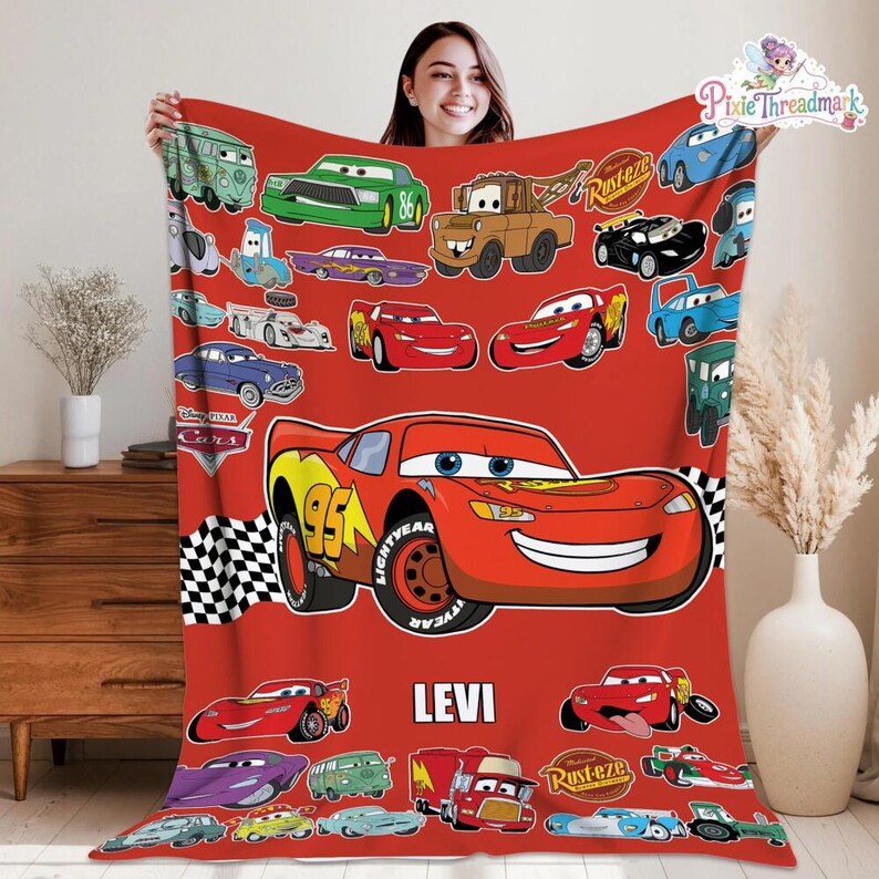 Personalized Disneyland Cars Character Blanket, Lightning McQueen Blanket, Birthday Boy Girl Gift Blanket, Cars Movie Characters image 3