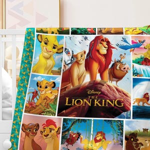 May include: A colorful Lion King themed blanket featuring Simba, Nala, Mufasa, Timon, Pumbaa, and Zazu. The blanket has a teal border with a repeating pattern of Simba's face. The center features the movie title and various scenes.