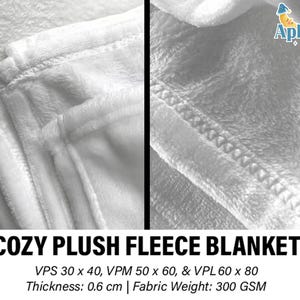 Puede incluir: Primer plano de una manta de forro polar blanca y suave. La manta tiene un borde cosido y una superficie suave y texturizada. Se muestra el texto "COZY PLUSH FLEECE BLANKET". El grosor de la manta es de 0,6 cm.