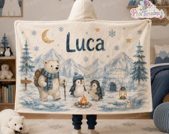 Personalized Kids Winter Wearable Blanket Hoodie, Winter Polar Bear Penguin Hooded Blanket, Cozy Snow Adventure Blanket
