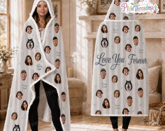 Manta con capucha personalizada con foto familiar, manta polar con cara personalizada "Te amo para siempre", regalo para mamá, abuela y niños.