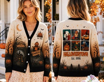 Halloween Town Est 1988 Collage Cardigan, Vintage Halloween Button Sweater, Pumpkin Patch Fall Cardigan, Cozy Autumn Knit Cardigan