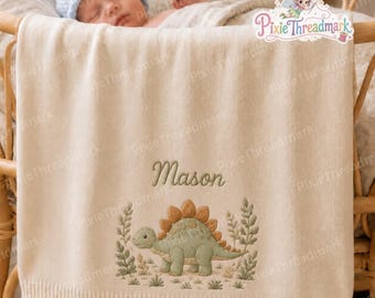 Gepersonaliseerde Stegosaurus babydeken, geborduurde dinosaurus babydeken op maat voor peuterjongens, Jurassic babykamercadeau, aandenken voor een babyshower