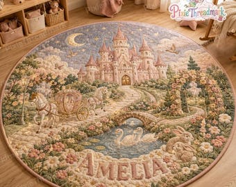 Tapis matelassé personnalisé Château de princesse, Tapis d'éveil bébé princesse, Tapis d'éveil matelassé Carrosse château, Tapis de sol féerique pour chambre de petite fille