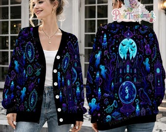Haunted Mansion Cardigan, Foolish Mortals Spooky Wool Sweater, Hitchhiking Ghosts Knitwear, Madame Leota Autumn Aesthetic, Halloween Apparel