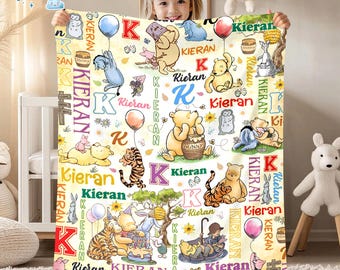 Personalized Winnie Of The Pooh Blanket, Custom Name Nursery Throw, Soft Baby Shower Gift, Kids Minky Blanket, Newborn Keepsake