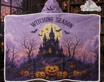 Halloween 2026 Hooded Blanket, Witching Season Wearable Blanket, Spooky Castle Pumpkin Throw, Cat Moon Bat Blanket, Gift for Her