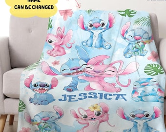 Personalized Stitch and Angel Fleece Blanket, Disneyland Blanket, Gifts for Kids, Birthday Gifts, Disneyland Watercolor Fleece Blanket