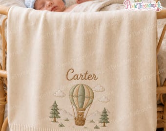Personalized Embroidered Bear Balloon Baby Blanket, Custom Dream Animal Name Knit Blanket, Jungle Baby Shower Gift, Nursery Keepsake Gift