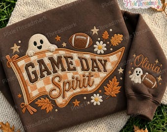 Embroidered Game Day Spirit Sweatshirt, Custom Name Ghost Football Season Embroidered Sweater, Spooky Fall Football Mom Gift