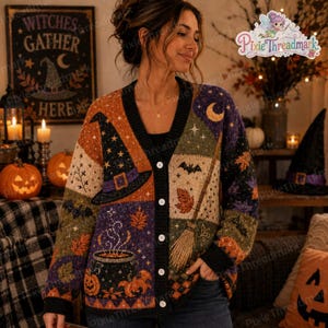 Halloween Heksenketel Gebreid Vest, Heksenhoed Zwarte Kat Herfsttrui, Pompoen Patchwork Herfstvest, Gezellig Cadeau voor het Spookseizoen