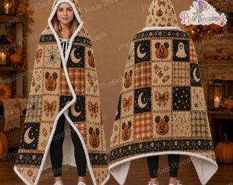 Ghost Pumpkin Halloween Hooded Blanket, Retro Mouse Inspired Wearable Blanket, Plaid Patchwork Fall Throw, Cozy Spooky Gift