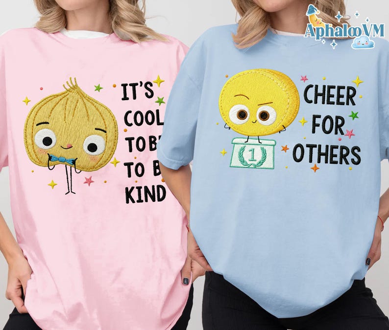 two people wearing t-shirts with cartoon characters and text printed on them.