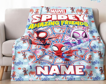 Spidey And His Amazing Friends Blanket, Custom Kid Name Blanket, Birthday Gift, Custom Super Hero Gift, Spiderman Fleece Blanket