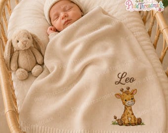 Manta de bebé de punto bordada con jirafa personalizada, manta de punto con nombre personalizado estilo safari, decoración de guardería con temática de bosque, regalo de recuerdo para baby shower